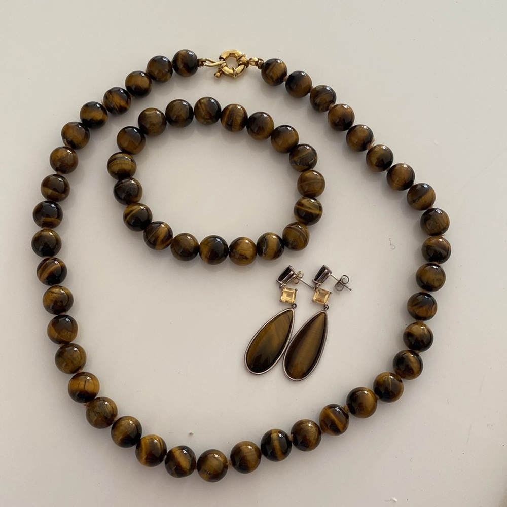 Tigers eye Necklace 16” / .925 Drop Earrings 2” & Stretch Bracelet Set